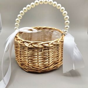 Handwoven Wicker Basket with Pearl Handle & White Ribbons